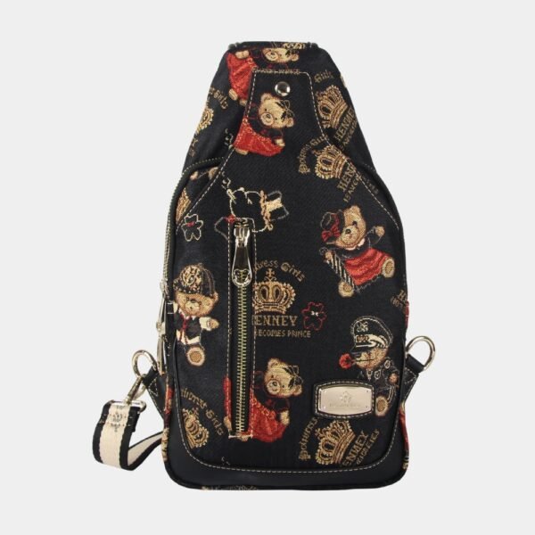 designer for travellers, this artistic designer belt bag features Henney Bear's signature black tapestry adorned with bears.