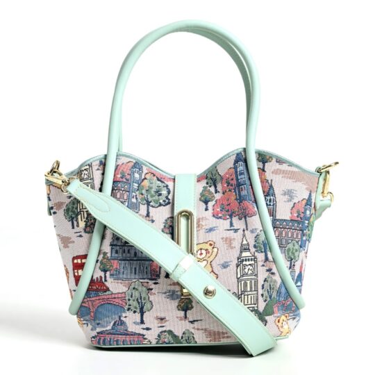 henney bear tapestry handbag that features London's iconic landmarks