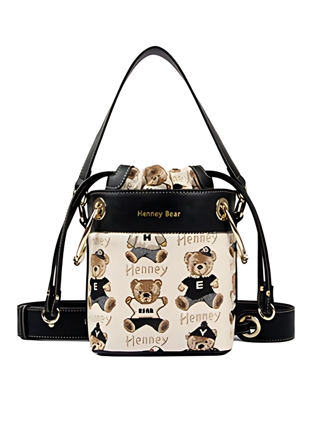 tapestry fabric black colour hand bag with off white and black colour bear pattern. it has drawstring closure top.