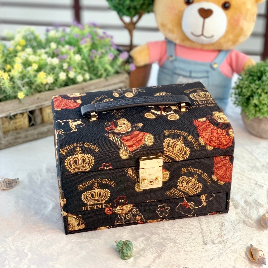 Henney Bear Jewellery Case. Woven Fabric Design. Elegant Gift for her